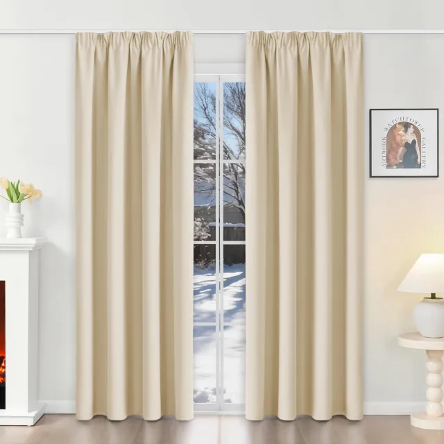 Famanu Thermo verduisteringsgordijn, isolerend, 120 x 230 cm, met plooiband, ondoorzichtig, uv-bescherming, decoratie voor binnen, lichtbeige, geschikt voor slaapkamer en woonkamer