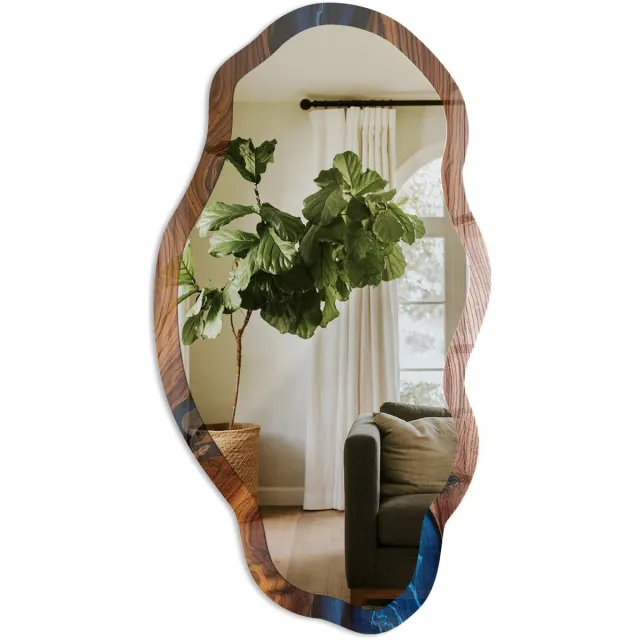 TULUP Houtwater Spiegel - Bruin Elegante Rechthoekige Wandspiegel - Organische Spiegel - Woonkamer, Kantoor, Hal - Abstract - 45x90 cm - Totale afmeting 52x97 cm Houtwater, Bruin