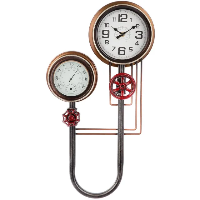 Rawa Geschenken Vintage klok en thermometer metaal zwart en koper- metaal- 8x31x55 cm