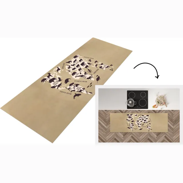 KitchenYeah Keukenloper - Loper keuken - Wereldkaart - Dieren - Zwart - Keukenloper vinyl Multicolor