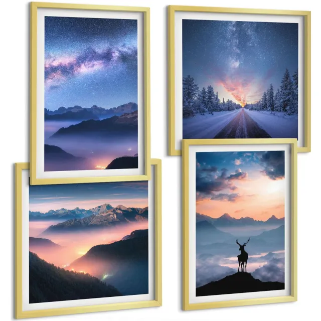 TULUP 4-Delige Schilderij Set - Nachtelijke hemel, berglandschappen in de mist en herten - 40 x 40 cm en 40 x 60 cm - Muurdecoratie - Decoratieve Schilderijen - Wohnzimmer - Woonkamer Decoratie Gouden lijst