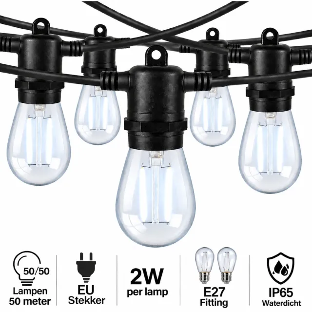 Wantohave Lichtsnoer Feestverlichting Buiten - 50 Meter - 50 LED Filament Lampen - E27 Fitting - 2W - Koel Wit - IP65