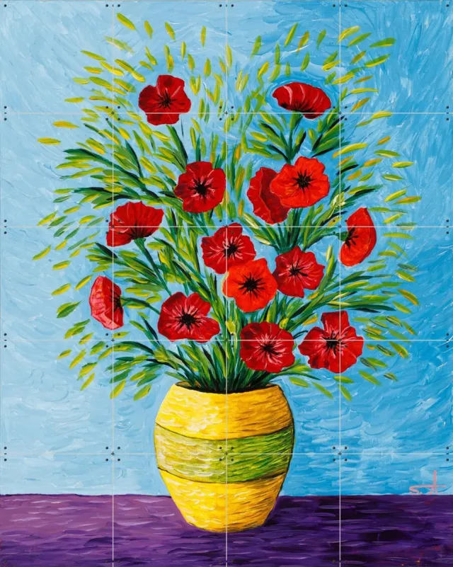 IXXI Poppies, Zurab Dariali - 80 x 100 cm - Grote wanddecoratie en posters - Impressionisme, Slaapkamer, Woonkamer, Eetkamer, Boeket, Bloemen Blauw / Rood