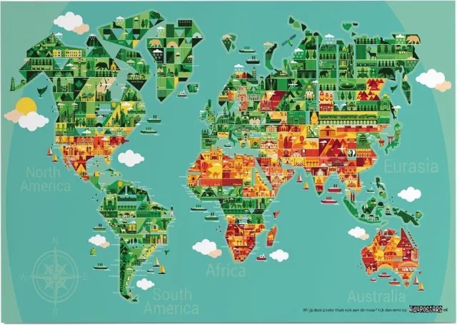 eduposters Educatieve poster (Posterpapier) - Topografie wereld onze steden - 42 x 29.7 cm (A3) Geel