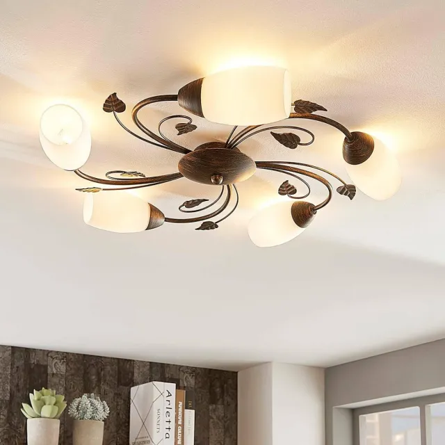 Lindby plafondlamp - 5lichts - Glas, metaal - H: 12 cm - E14 - wit, geborsteld zwartgoud
