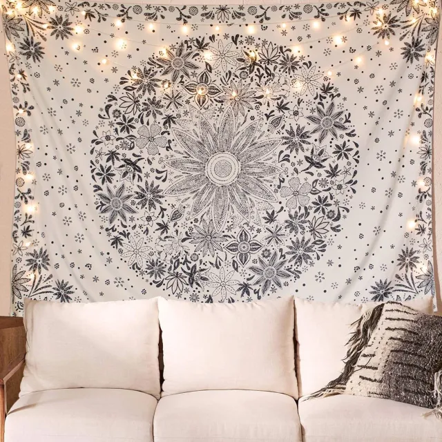 Unyqoos Decoratief Bohemian Wandtapijt met Bloemen en Medaillon Print, Beige voor Slaapkamer en Woondecoratie, 130 x 150 cm