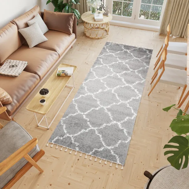 Tapiso Boho Loper Grijs Modern Trellis Kwastjes Hoogpolig Woonkamer Vloerkleed Grijs Beige