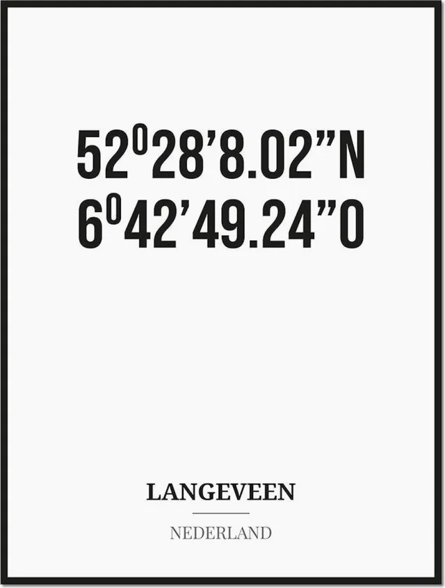 Studio216 Poster/kaart LANGEVEEN met coördinaten zwart, wit