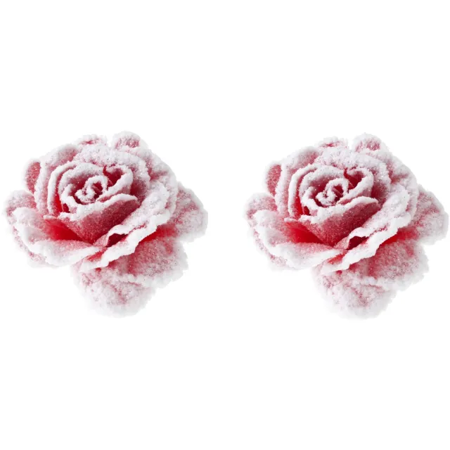 Cosy&Trendy Cosy & Trendy decoratie bloemen - 2x stuks - roos - rozen - roze met sneeuw - op clip - 15 cm - kerstboom versiering