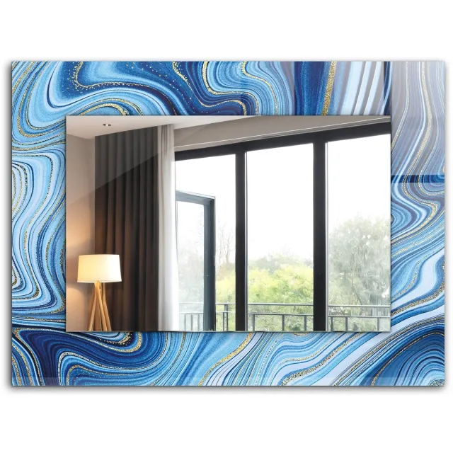 TULUP Spiegel - Vierkante vorm Spiegel - op gehard Glas - Abstract blauw patroon - 80 x 60 cm - Spiegel met decoratieve opdruk - Inloopkastspiegel – Badkamerspiegel - Toiletspiegel - Scheerspiegel - Woonaccessoires - Wandmontage
