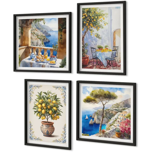Coloray 4-Delige Schilderij Set - Zeezicht Met Citroenboom En Tuintafel - 40 x 40 cm En 40 x 60 cm - Muurdecoratie - Interieur Decoratie Zwarte lijst