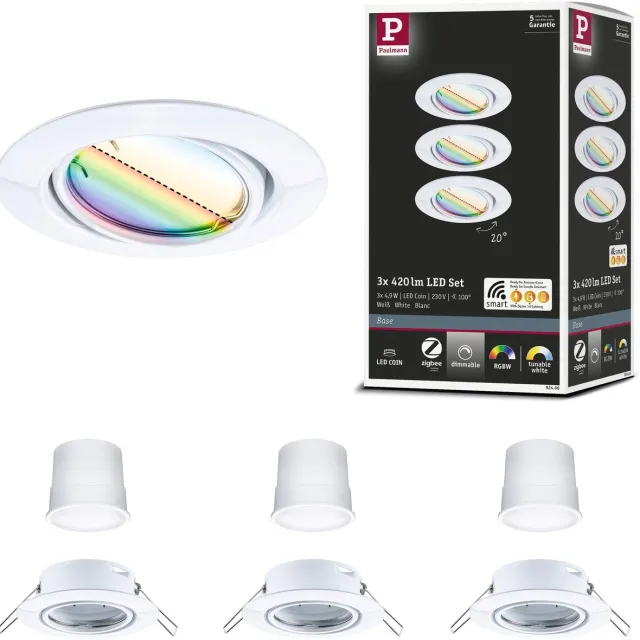 Paulmann LED-inbouwlamp Smart Home Zigbee 3.0 Base Coin Basisset zwenkbaar rond 90 mm 20° Coin 3x4,9W 3x420lm 230V dimbaar RGBW+ Wit