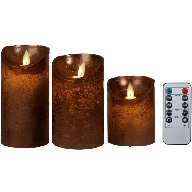 Foryouliving LED kaarsen met bewegende vlam 3x - Brons - Bronze - Afstandsbediening - Stompkaars rustiek wax - LED kaars batterij - Timer - 7.5 x 10 12.5 15 cm