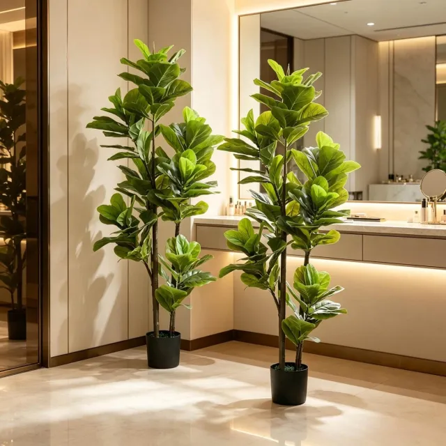 OKWISH Kunstplant 2 Delig 150 Cm Realistische Geigenfeige Voor Binnen Kunststof Groen Met Zware Pot Voor Stijlvolle Interieurs Green