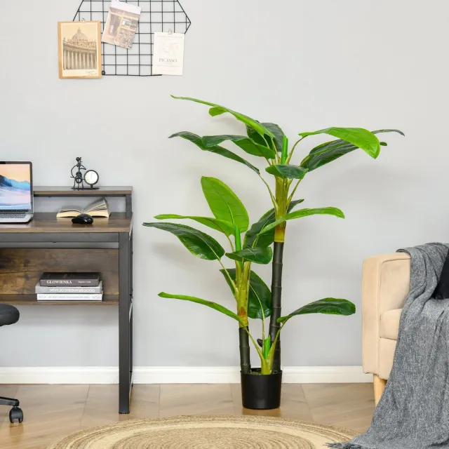 MEUNIQ kunstmatige bananenboom 150 cm in zwarte pot, 18 bladeren, kunstplant voor binnen & buiten, decoratieve bananenplant voor woonkamer, kantoor of entree