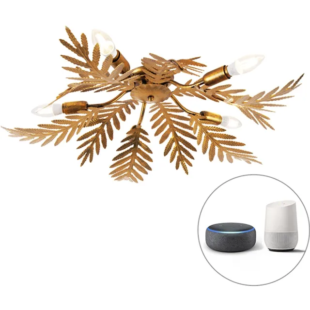 QAZQA smart led vintage plafondlamp, plafonniere - Botanica - goud/messing, 2700K, warmwit, dimbaar, 5-lichts, 70cm, ideaal als keuken, slaapkamer en