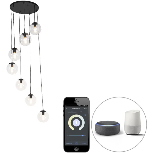 QAZQA pallon - Art Deco Dimbare LED Smart Hanglamp incl. wifi met Dimmer voor boven de eettafel | in eetkamer - 7 lichts - Ø 65 cm - Transparant - Woonkamer | Slaapkamer | Keuken