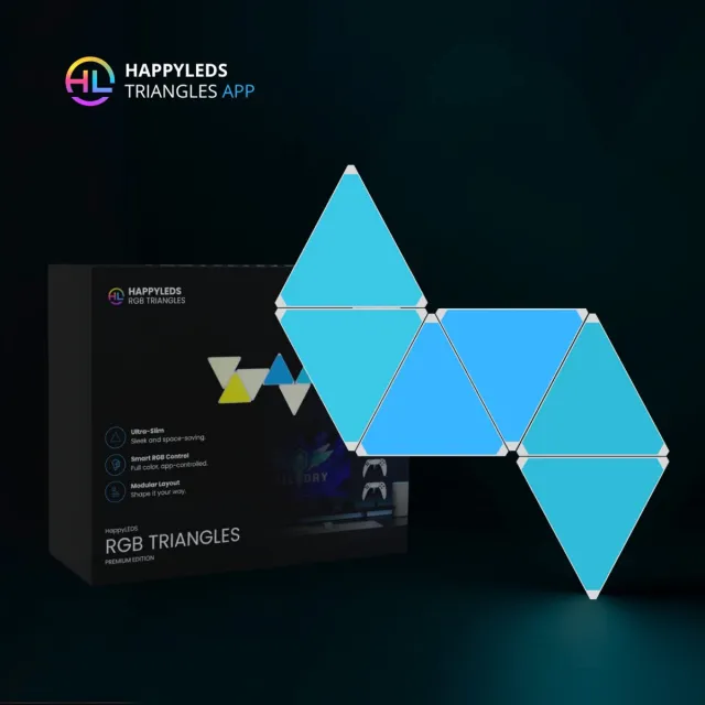 HappyLEDS Triangle LED Lights - Wandlamp Binnen – RGB LED Verlichting - Gaming Accesoires – Triangle Led Panelen - Google Home & Alexa - 6 Stuks 6 Pack - Triangle