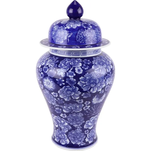 Fine Asianliving Chinese Gemberpot Porselein Navy Blauw Pioenen Handgeschilderd D19xH36cm Blauw, Wit