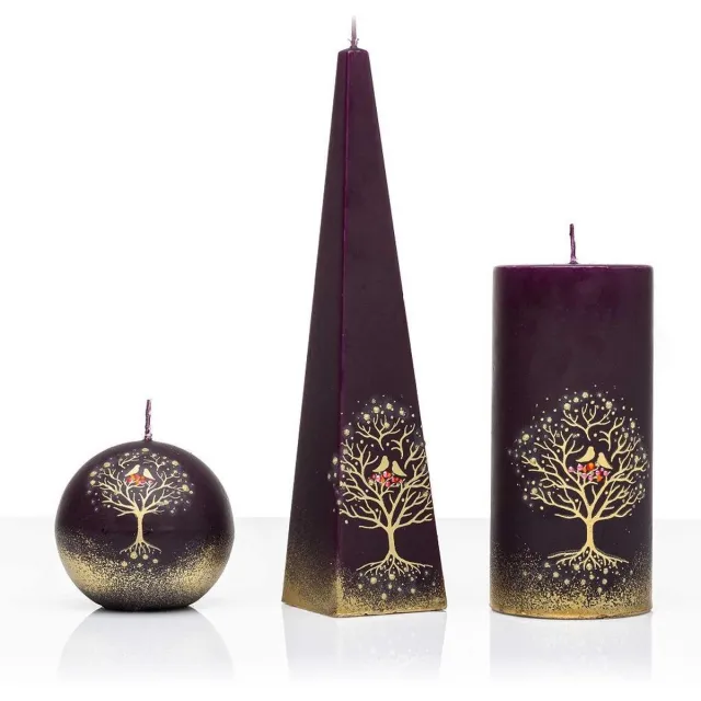 Jakelis Kaarsen - Set - Handgeschilderd - Vogels in boom - cadeau - kerst - kaars - kerstverlichting aubergine