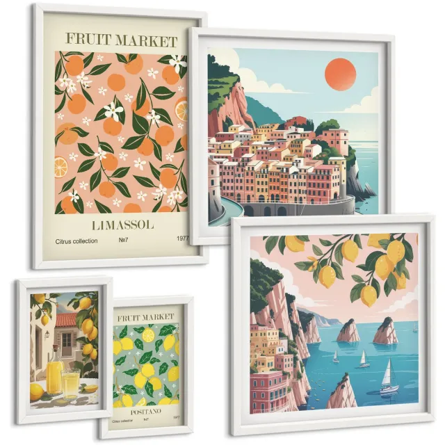 Coloray 5-Delige Schilderij Set - Fruitmarkten En Pittoreske Kustlandschappen - 50 x 50 cm, 20 x 30 cm En 40 x 60 cm - Stijlvolle Muurdecoratie - Slaapkamer - Wanddecoratie Witte lijst