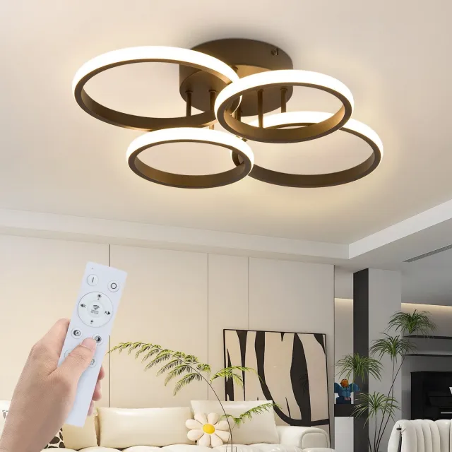 NETTLIFE Plafondlamp LED –Zwart – Ringe Design - 4-lichts – Metaal – Dimbaar - 48W - Moderne Plafondverlichting – 52.5cm - Met Afstandsbediening – voor Woonkamer | Slaapkamer | Keuken