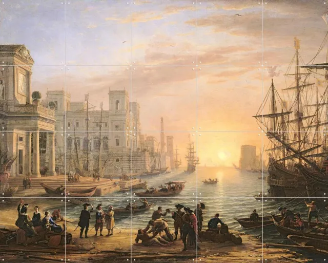 IXXI Seaport at Sunset, Claude Lorrain & Bridgeman Images - 100 x 80 cm - Grote wanddecoratie en posters - Olieverf, Klassiek, Realisme, Eetkamer Geel