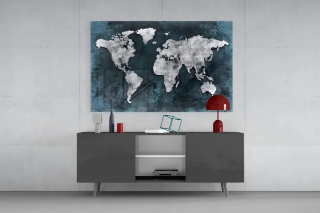 Insigne Art Glasschilderij - Wereldkaart - Blauw - Grijs - 90x60 cm