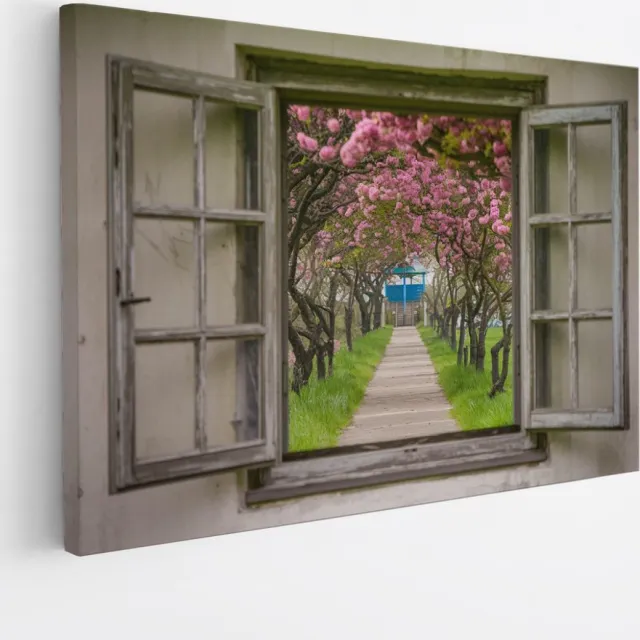 Saammp Canvas Schilderij - Pad met bomen met roze bloesem - Natuur - Doorkijk - 90x60 - Foto op canvas - Wanddecoratie - Muurdecoratie Woonkamer - Slaapkamer decoratie - Canvas Print Multicolor
