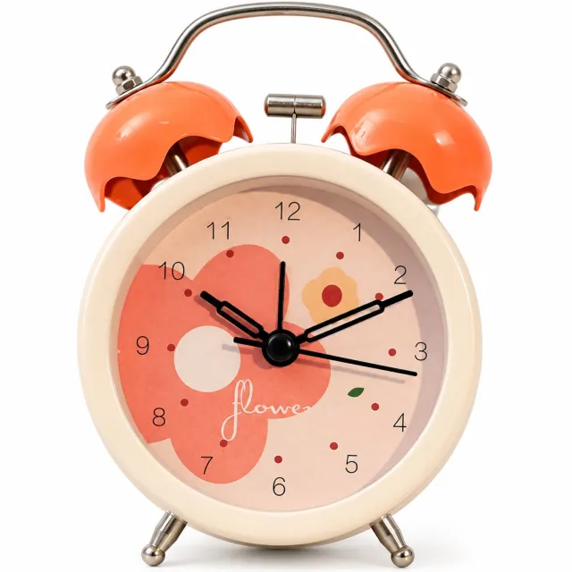 SWGOTA wekker met bloemvormige dubbele bel - analoge wijzerplaat met cijfers - metalen behuizing - oranje - werkt op 1 AA-batterij