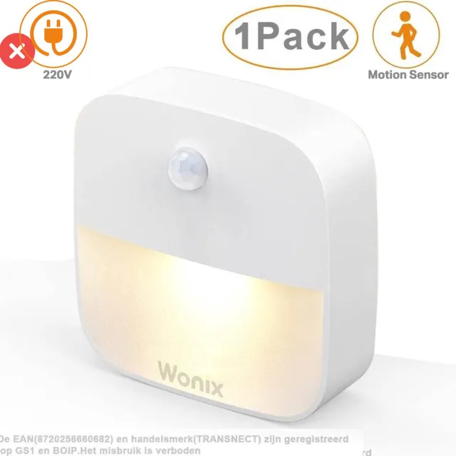 Wonix ® - Nachtlampje - met Bewegingssensor - met Dag en Nacht Sensor - Werkt op 3 AAA batterijen - voor Volwassenen, Babykamer, Slaapkamer - 1 Stuk werkt op batterij