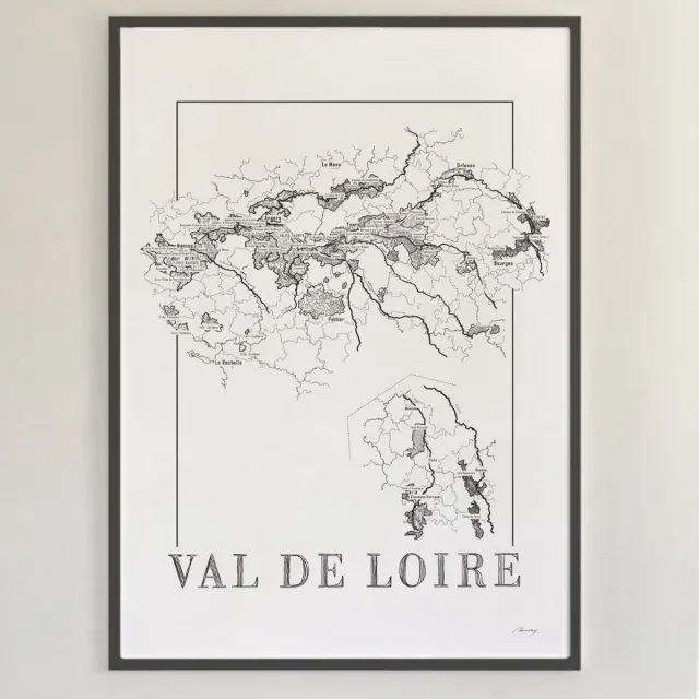 Brushery Wijnkaart Val de Loire - Frankrijk - Wijngebieden - Zwart witte poster zwartwit