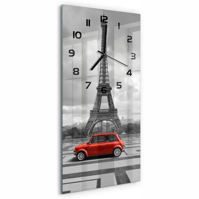 TULUP Wandklok - Eiffeltoren auto Klok Glas Met Opdruk - 30x60 cm - Rood Moderne Wandklok Glas - Zwarte handen - Rechthoekige Klok - Decoratieve Glazen Klok - Glazen Wandklok Design