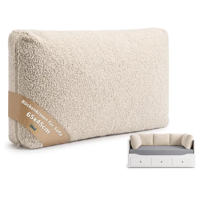 Torvello Rugkussen bank met vulling en afneembare hoes 65 x 45 cm – bankkussen voor bedbank slaapbank & muur – hoofdbord kussen rechthoekig stevig vormvast wasbaar zithoek woonkamer Crème Bouclé