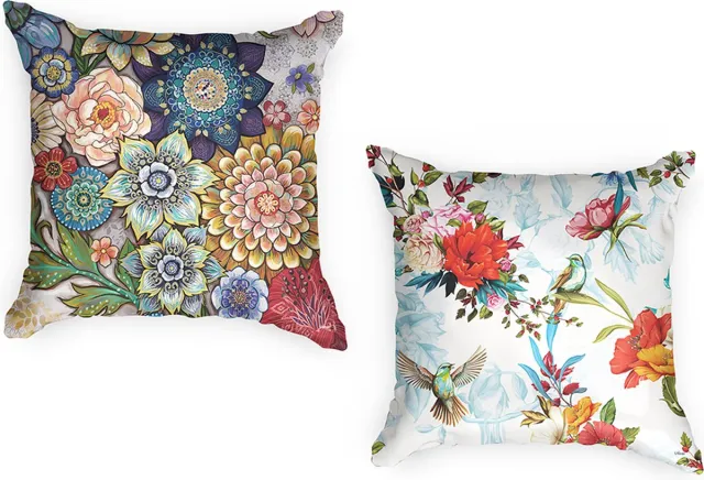 Ulticool Kussenhoes 45x45 cm Set van 2 Buitenkussens Waterbestendig - Bloemen Natuur Kunst Vogels - Exclusief Kussenvulling - Sierkussens Buiten - Ulticool - Decoratie Lente – Buiten Tuinkussens voor Decoratie Loungeset Tuin Palletbank - Geel Blauw