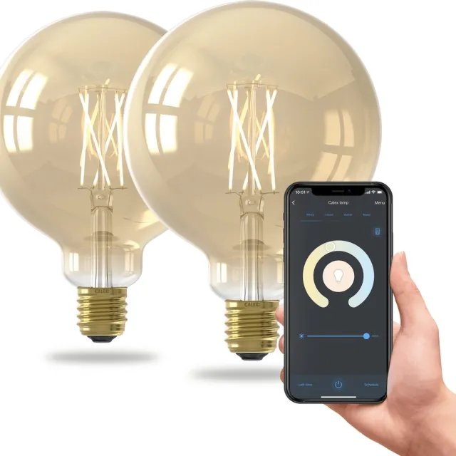 Calex Slimme Lamp - Set van 2 stuks - Wifi LED Filament Verlichting - Globe 12.5cm - E27 - Smart Lichtbron Goud - Dimbaar - Warm Wit licht
