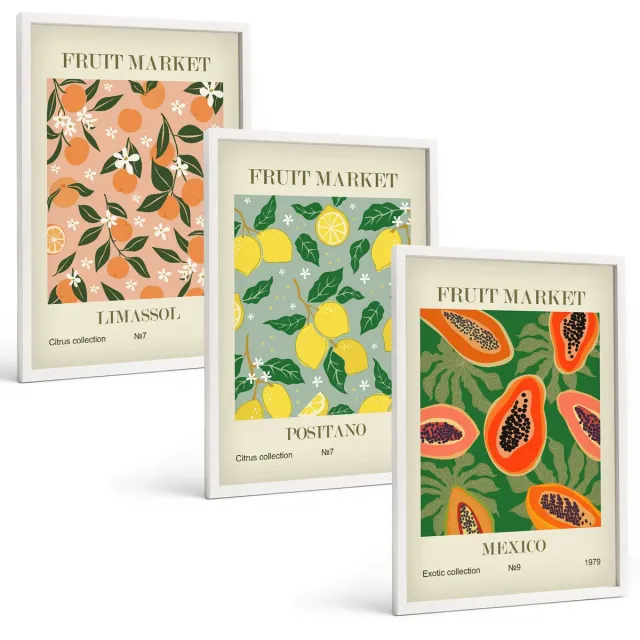 TULUP 3-Delige Schilderij Set - Citrus- en tropische vruchten in retrostijl - 40x60 - Wanddecoratie - Muurdecoratie - Woonkamer Witte lijst
