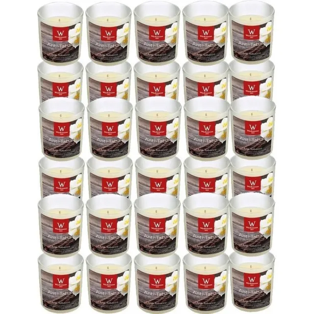 Trend Candles Geurkaars - 30x - in glas - Anti tabac aroma - 25 branduren - 7 x 8 cm - woondecoratie - kaarsen Wit