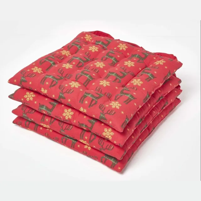 Homescapes Kerststoelkussen Rendier met linten, Rood, 40 x 40 cm