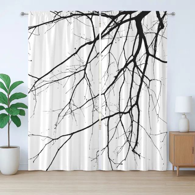 ABAKUHAUS Zwart-wit rustiek gordijn, kale boom, met lussen en haken voor de woonkamer, 280 x 245 cm, zwart-wit