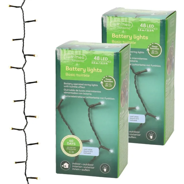 Lumineo kerstverlichting - 2x stuks - batterij - 48 led lampjes - helder wit - 400 cm