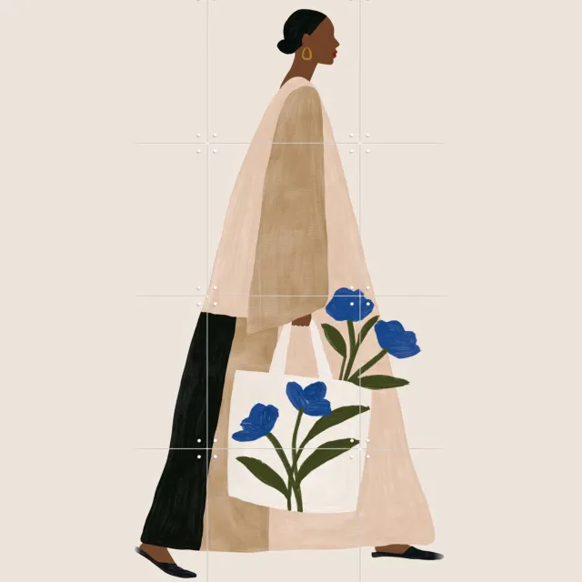 IXXI Blue Bloom, Atelier Pommeline - 60 x 80 cm - Grote wanddecoratie en posters - Modern, Fantasierijk, Minimalisme, Woonkamer, Gang, Slaapkamer Beige / Blauw / Zwart