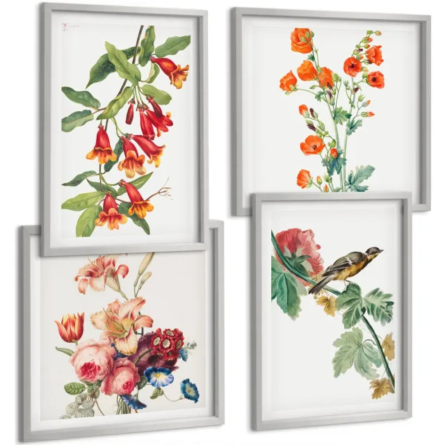 TULUP 4-Delige Schilderij Set - Geschilderde retro bloemen en een vogel op een tak - 40 x 40 cm en 40 x 60 cm - Wanddecoratie - Muurdecoratie - Woonkamer - Decoratieve Schilderijen Zilveren lijst