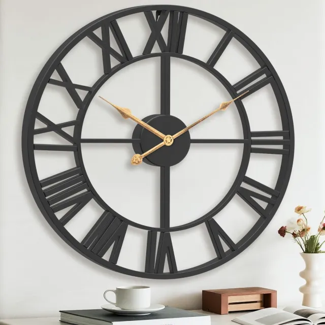 Pytha Sight Wandklok Vintage Woonkamer Zonder Tikgeluid, 33cm Industriële Romeinse Cijfers Metalen Zwarte Wandklokken voor Moderne Woonkamer, Keuken, Kantoor, Eetkamer, Woondecoratie