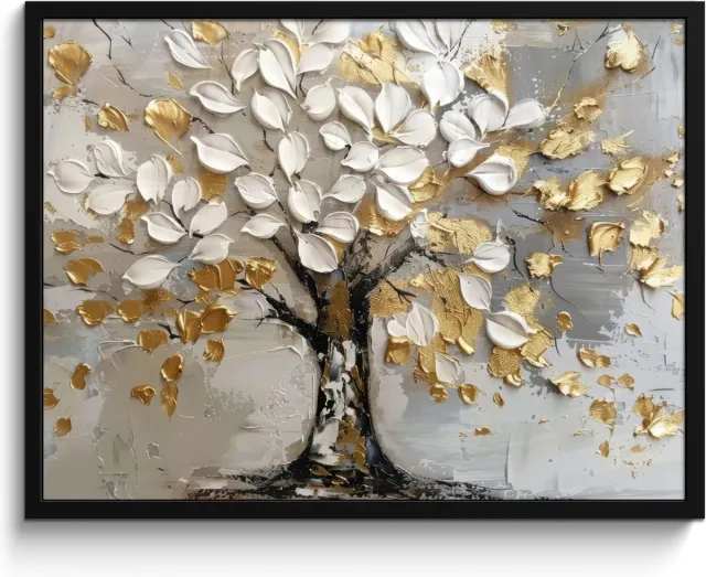 FrameYourWall Poster in lijst - Fotolijst 80x60 cm - Posters - Boom - Beige - Grijs - Goud - Abstract - Posterlijst zwart - Decoratie - Wanddecoratie woonkamer - Muurdecoratie slaapkamer Wit - Goud