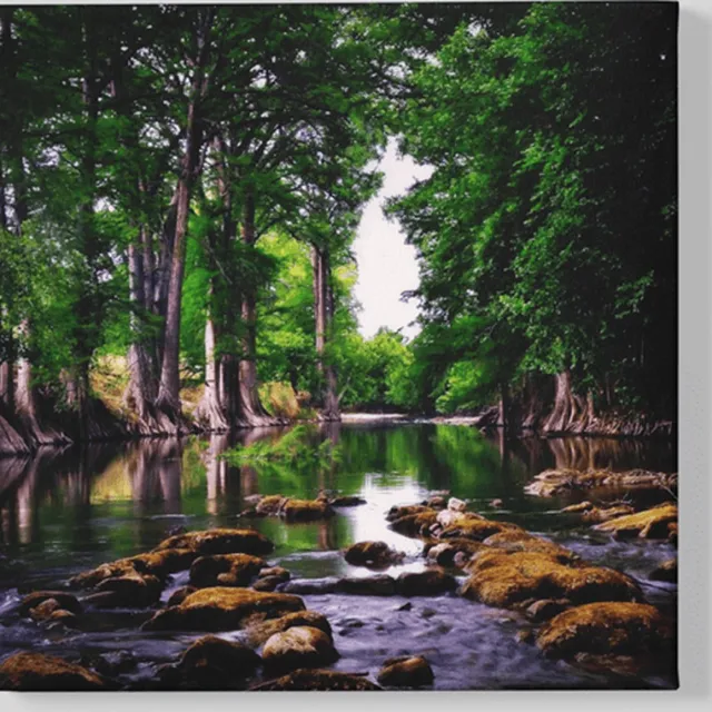 Trendex Global Vierkant Canvas Schilderij - Landschap - Stroom in het bos - 40x40x2 cm Groen