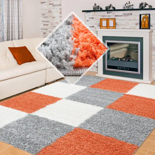 Muratap Basic Shaggy Geblokt vloerkleed Oranje / Grijs Hoogpolig- 160x230 CM