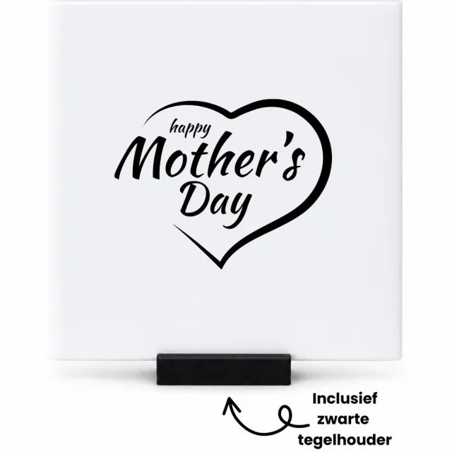 Hacebo Happy mothers day in zwart hart tegeltje met tegelhouder - Moeder - Happy mother - tegeltjes met tekst - moederdag cadeautje - Cadeau voor mama - Verjaardag - Geschenk - Cadeau - Gift - spreuktegels - 10.8x10.8 CM Wit