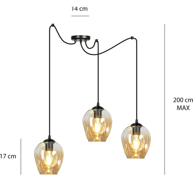 Emibig Malmo amberkleurige 3L pendel E27 decentraliseerbaar - Perfect voor sfeervolle verlichting in elke ruimte Amber goudgeel