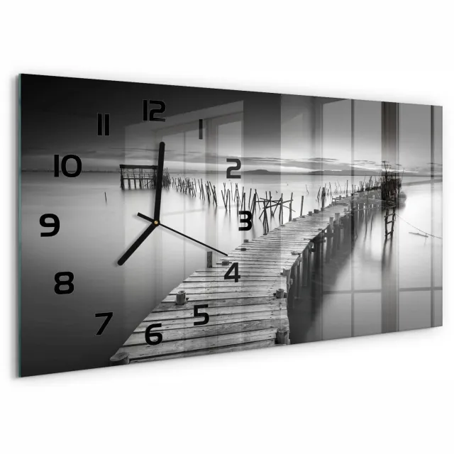 TULUP Wandklok - Houten brug Wandklok Glas Met Motief - 60x30 cm - Zwart-wit Decoratieve Glazen Klok - Zwarte handen - Rechthoekige Klok - Gekleurde Glazen Klok - Glazen Klok Met Print